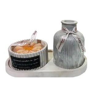 ست 3 تکه گلدان و جاشمعی سنگی مدل شیار دار کد 571