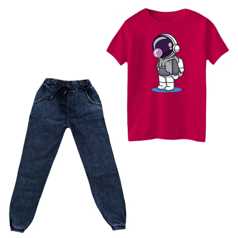 ست تی‌شرت و شلوار دخترانه مدل  فضانورد  رنگ سرخابی