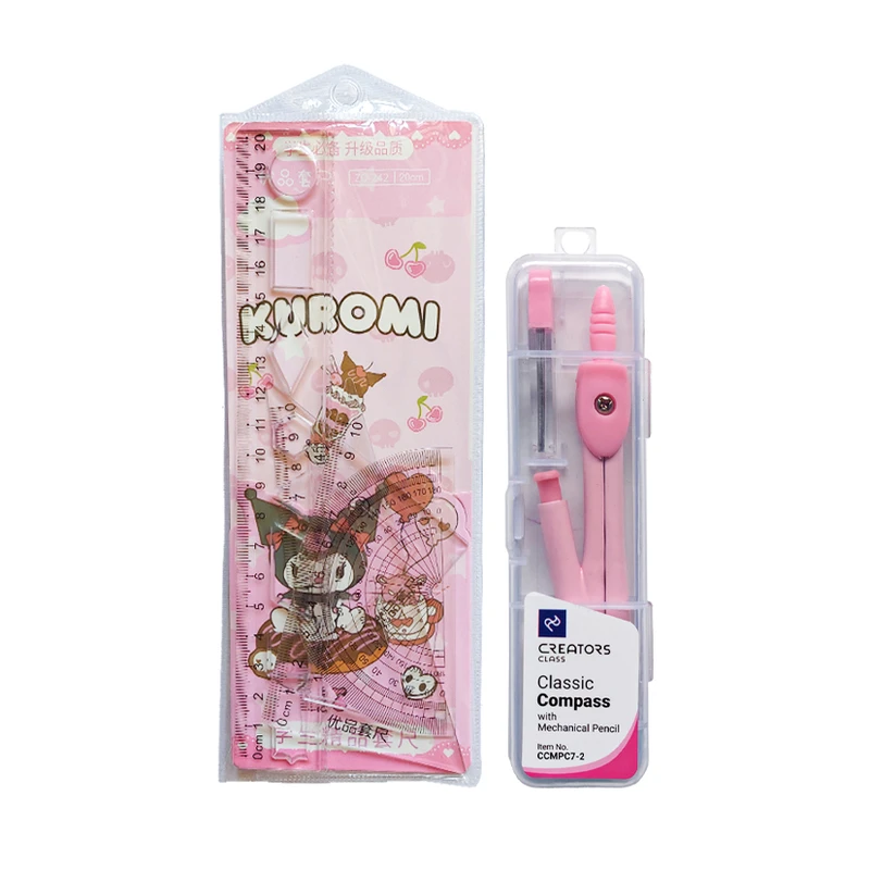 ست خط‌کش طرح کرومی مدل دانش آموزی به همراه پرگار بسته 5 عددی