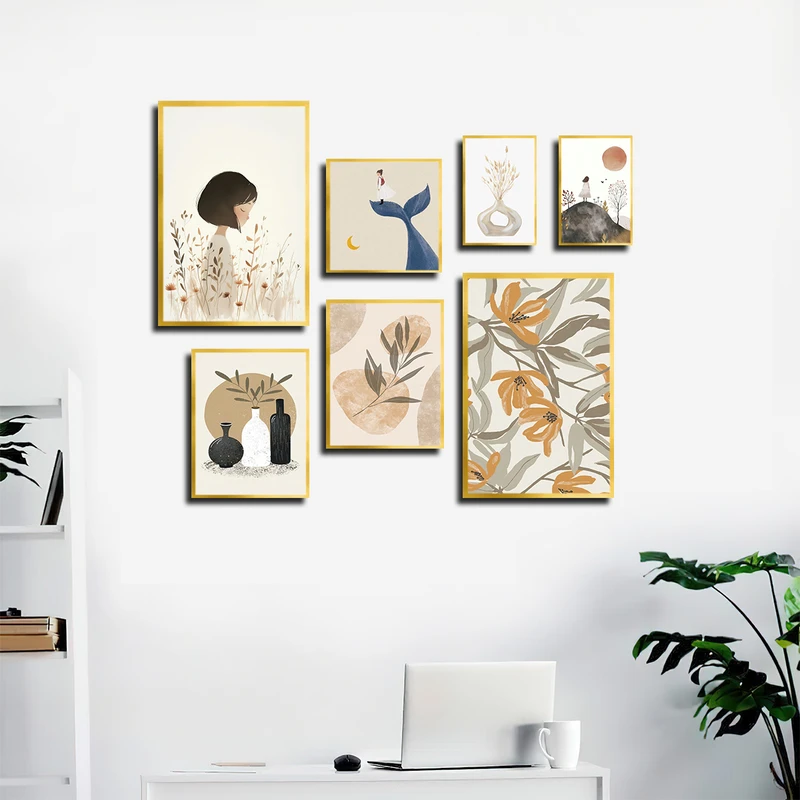 تابلو بکلیت طرح نقاشی مینیمال برگ مدل T-3740 فریم طلایی مجموعه 7 عددی