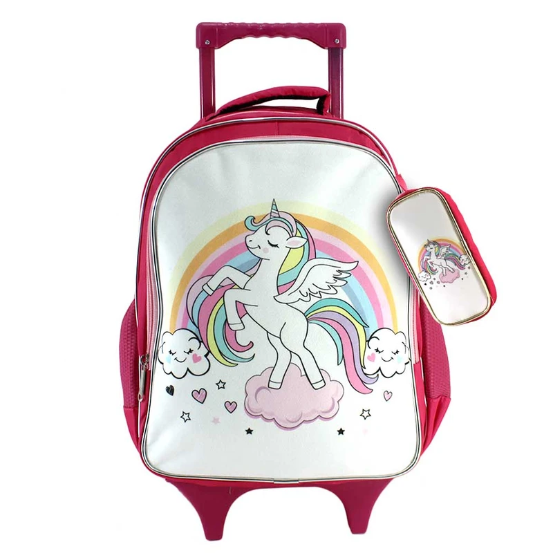 کوله پشتی چرخ دار مدل تک شاخ یونیکورن کد fay-37-2z به همراه جامدادی