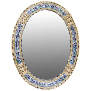 آینه خاتم کاری مدل الیپس طرح گل و مرغ برجسته کد 87p66-4f4bl