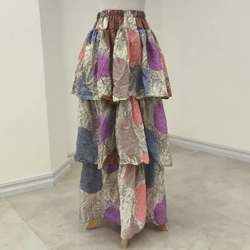 دامن چین‌دار زنانه مدل برگ رنگ کرم