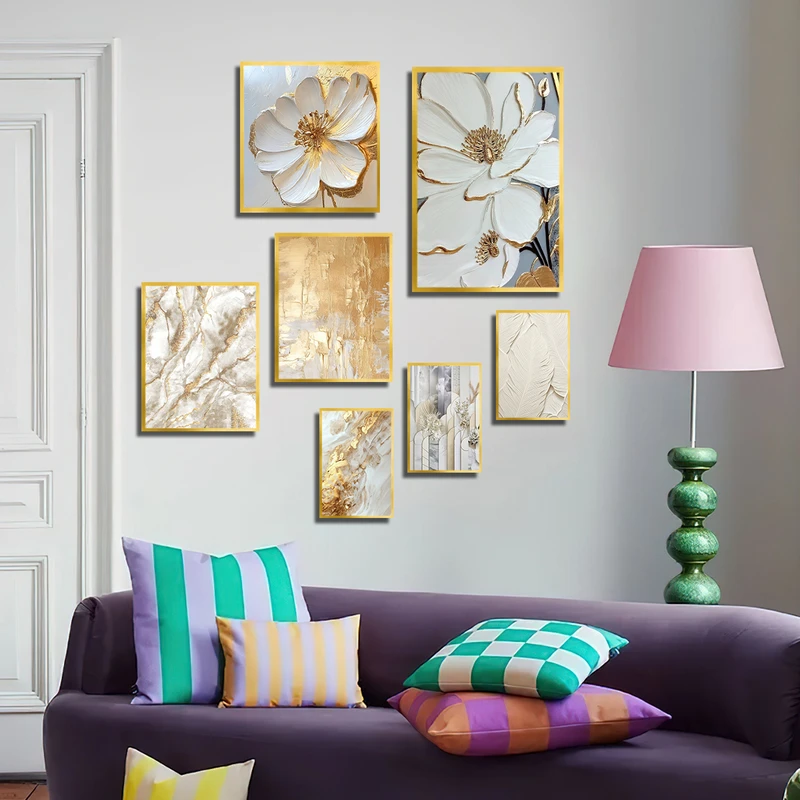 تابلو بکلیت طرح نقاشی رنگ روغن گل و پر مدل T-3313 فریم طلایی مجموعه 7 عددی