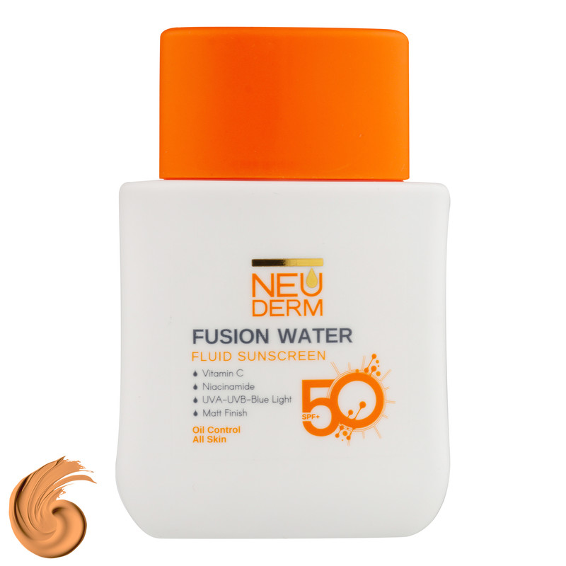فلوئید ضد آفتاب رنگی نئودرم SPF 50 مدل Fusion Water حاوی محافظ UVA و UVB مناسب برای پوست چرب حجم 50 میلی‌لیتر حاوی ویتامین C و نیاسینامید