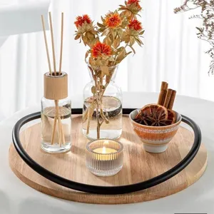 سینی مدل چوبی گرد دسته فلزی