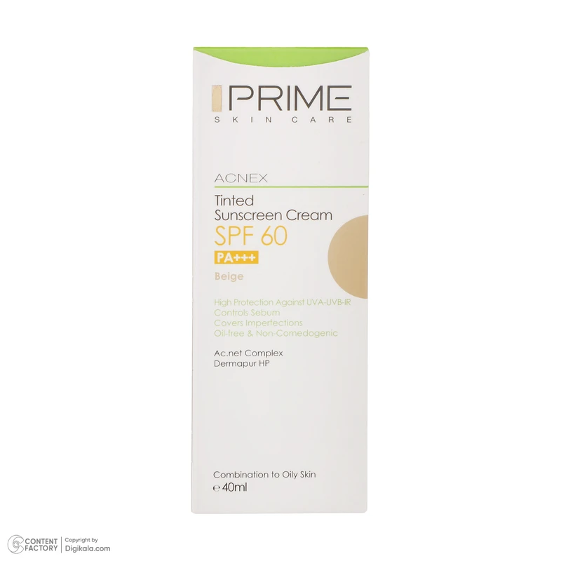 عکس شماره 3 : کرم ضدآفتاب رنگی پرایم مدل acnex beige spf60، مناسب پوست-های چرب، حجم 40 میلی-لیتر