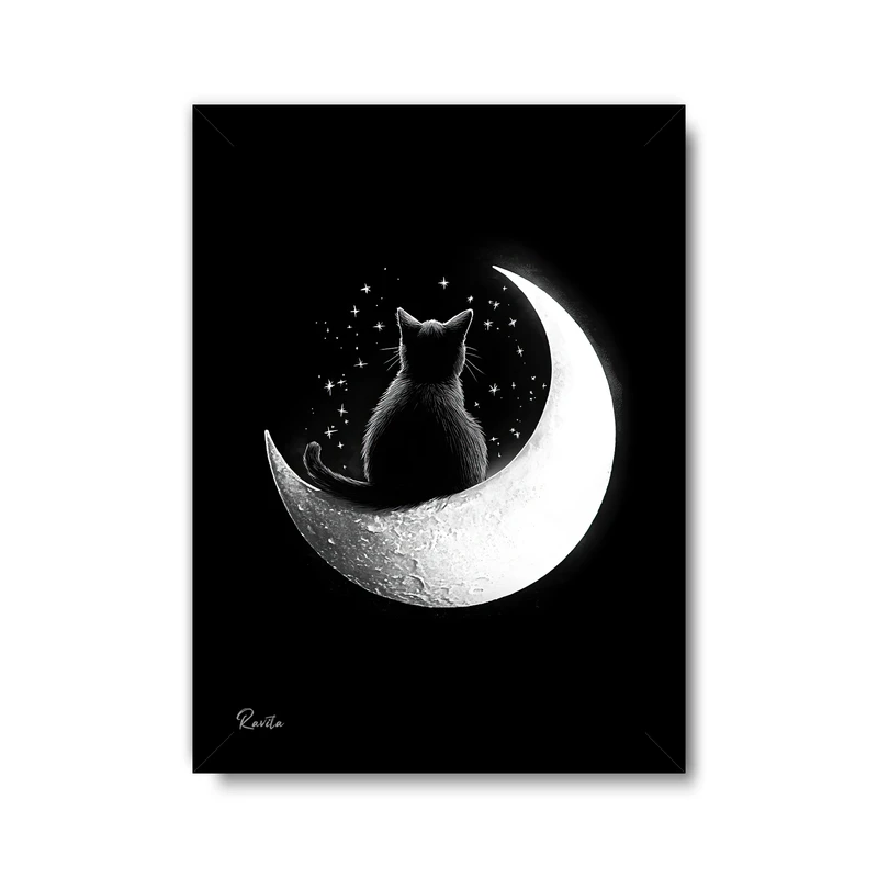 تابلو راویتا طرح ماه و گربه کد 3632 فریم مشکی