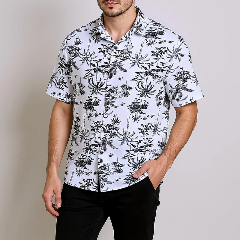 پیراهن آستین کوتاه یقه برگردان مردانه مدل هاوایی نخل کد NA2-WT