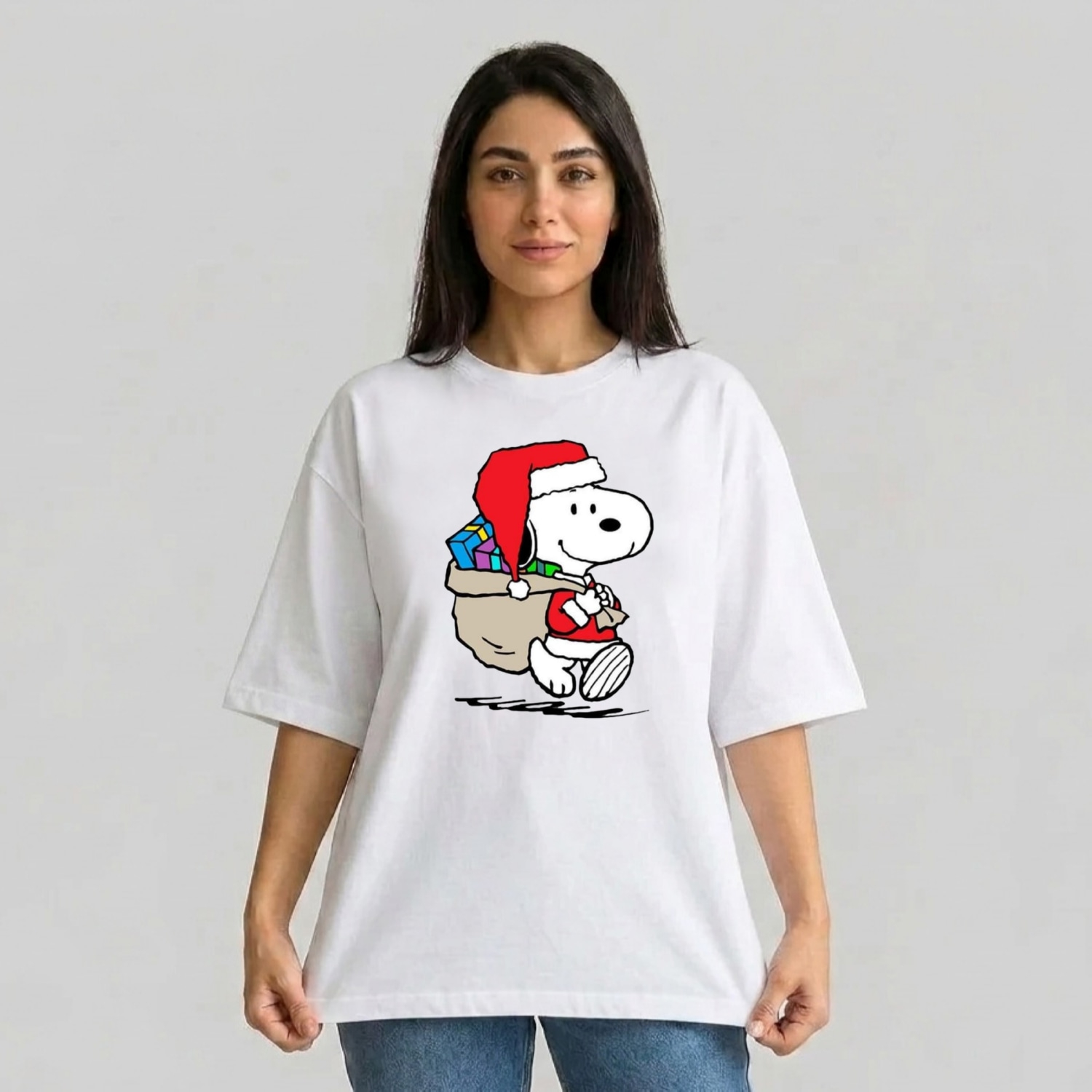 تی شرت آستین سه ربع زنانه مدل باکسی طرح اسنوپی کریسمس کد v16