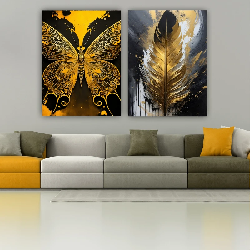 تابلو بوم طرح مخمل مدل برگ و پروانه  کد FP2996 مجموعه دو عددی