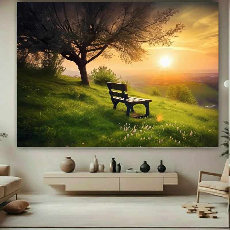 پوستر پارچه ای طرح مخمل  منظره پارک مدل نیمکت زیر درخت (2) کد FP106716