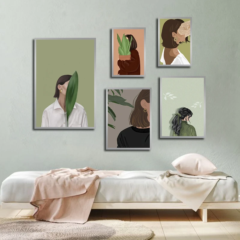 تابلو بکلیت طرح نقاشی فانتزی چهره مدل SI-3702 فریم نقره ای مجموعه 5 عددی