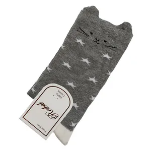 جوراب ساق بلند دخترانه مدل گوشدار طرح گربه رنگ طوسی