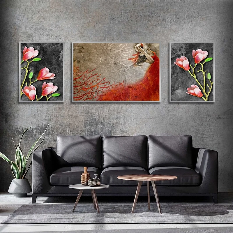 تابلو بکلیت طرح شعر ایرانی و گل صورتی مدل SI-2586 مجموعه 3 عددی