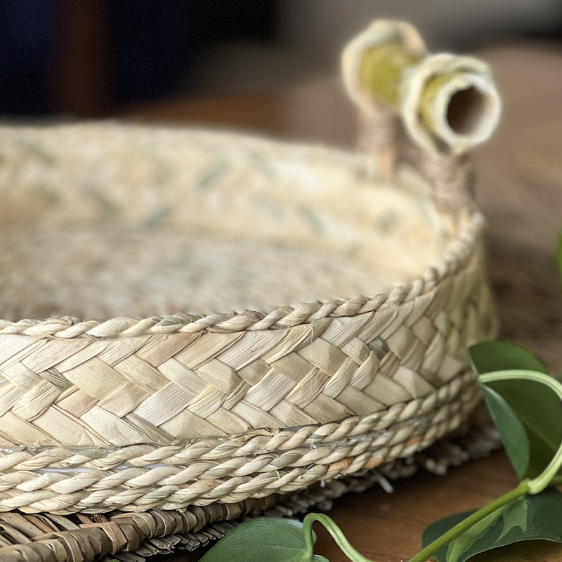 سینی حصیری مدل دسته بامبو طرح گرد کد 25cm