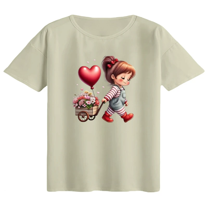 تی‌شرت اورسایز آستین کوتاه زنانه مدل باکسی طرح دخترک گل فروش