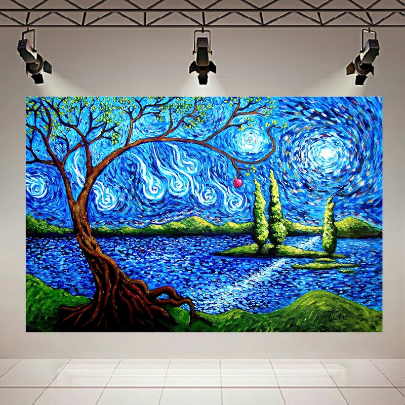 پوستر طرح انتزاعی نقاشی شب پرستاره ونگوگ مدل درخت تک سیب کد AR32098
