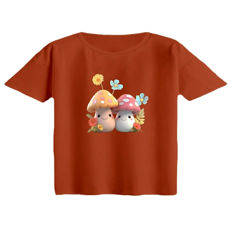 کراپ تی‌شرت آستین کوتاه زنانه مدل قارچ ها رنگ آجری تیره