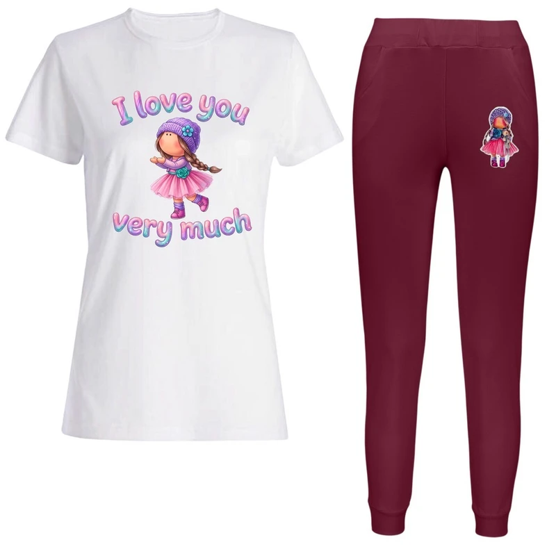 ست تی‌شرت آستین کوتاه و شلوار راحتی زنانه مدل عروسک i love you