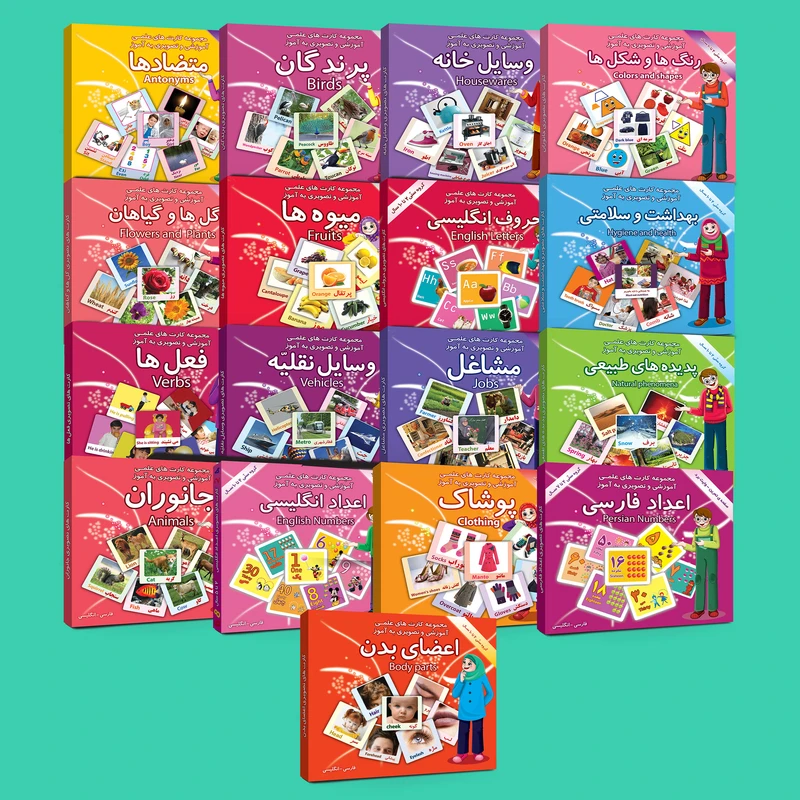 فلش کارت های علمی آموزشی و تصویری( دوزبانه) 2 تا 10 سال انتشارات امین آذر بسته 17 عددی