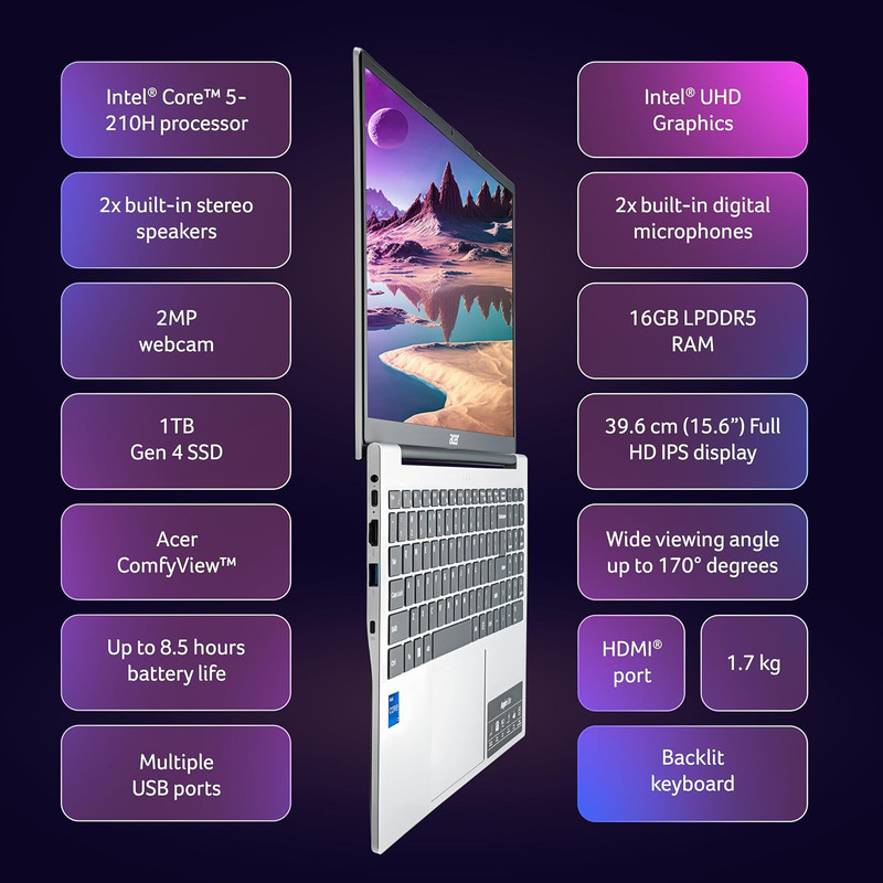 لپ تاپ 15.6 اینچی ایسر مدل Aspire Lite AL15-52H-Core 5 210H-16GB LPDDR5 4800MHz-512GB SSD-IPS-Backlit-W