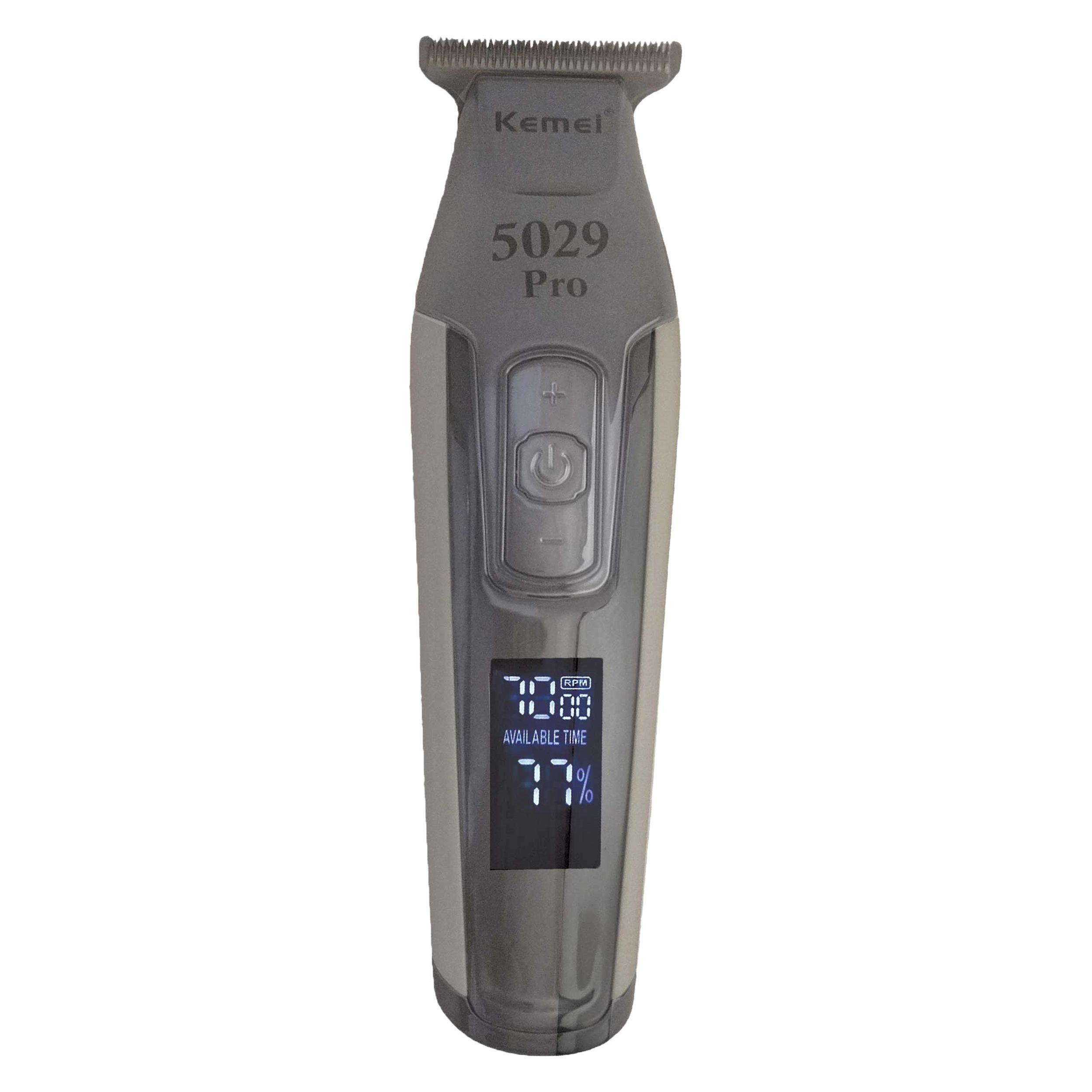 ماشین اصلاح موی سر و صورت کیمی مدل KM-5029 Pro با تیغه تیتانیوم پیشرفته، قابلیت تنظیم سرعت، نمایش وضعیت باتری، طراحی ارگونومیک، اصلاح خط زن با اندازه اصلاح 0.1 میلی‌متر، منبع انرژی برق و باتری، وزن 200 گرم، مدت زمان استفاده 240 دقیقه پس از شارژ کامل