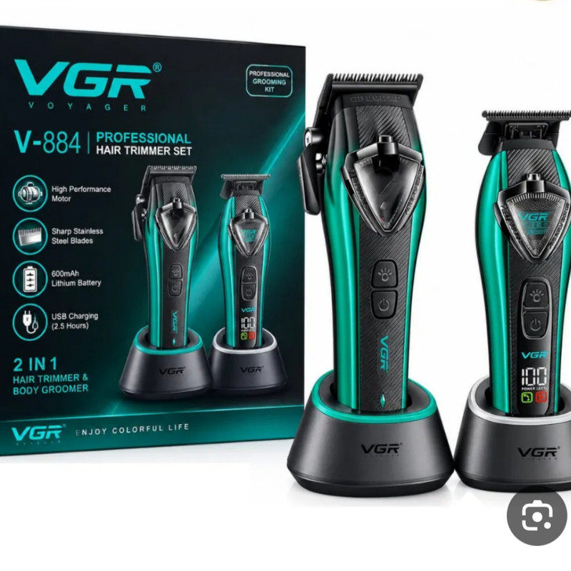 ست ماشین اصلاح موی سر و صورت شارژی وی جی ار مدل V-884 s2 مجموعه 2 عددی وزن 500 گرم با باتری قابل شارژ و صفحه نمایشگر LED