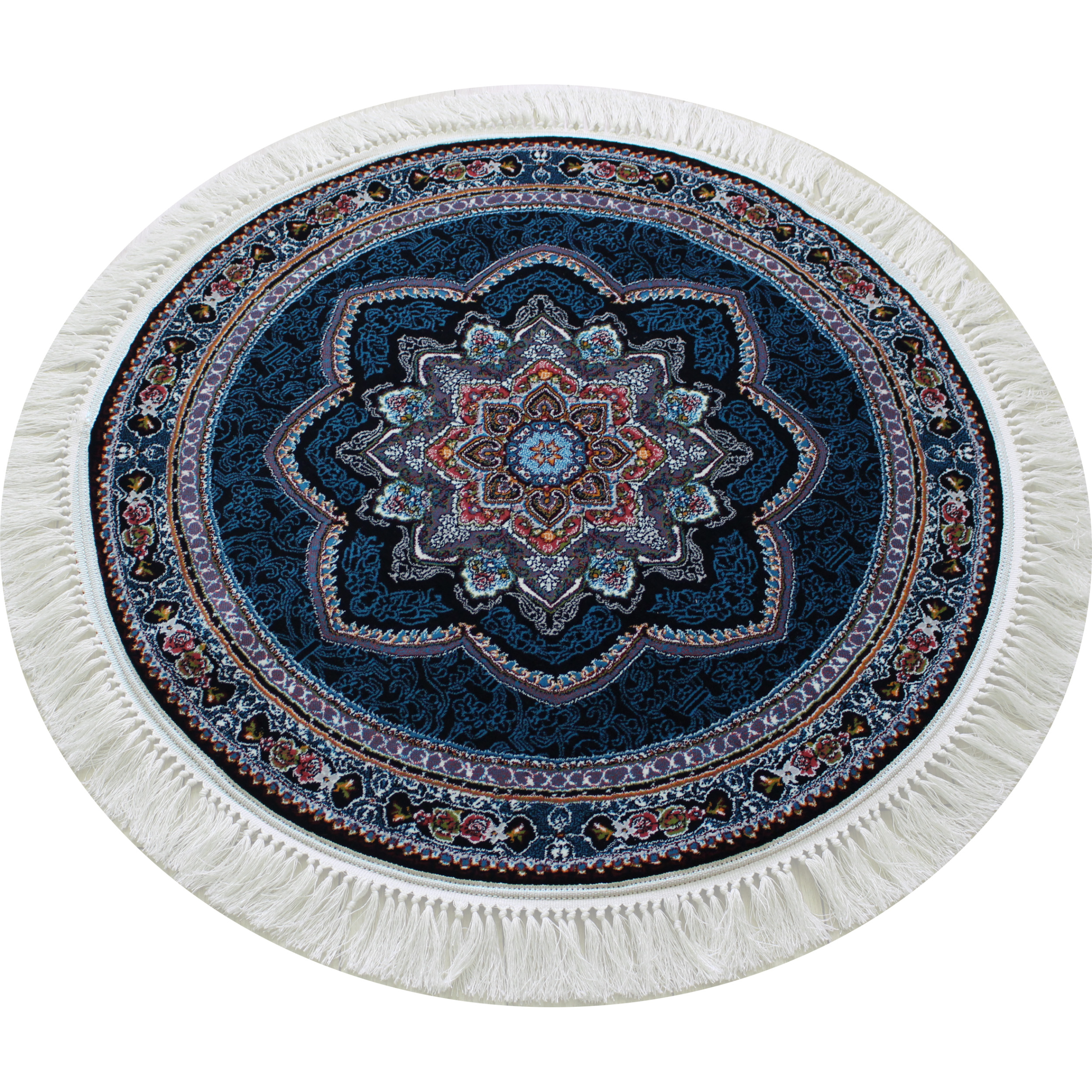 فرش ماشینی مدل دایره طرح باغ معلق زمینه سرمه ای