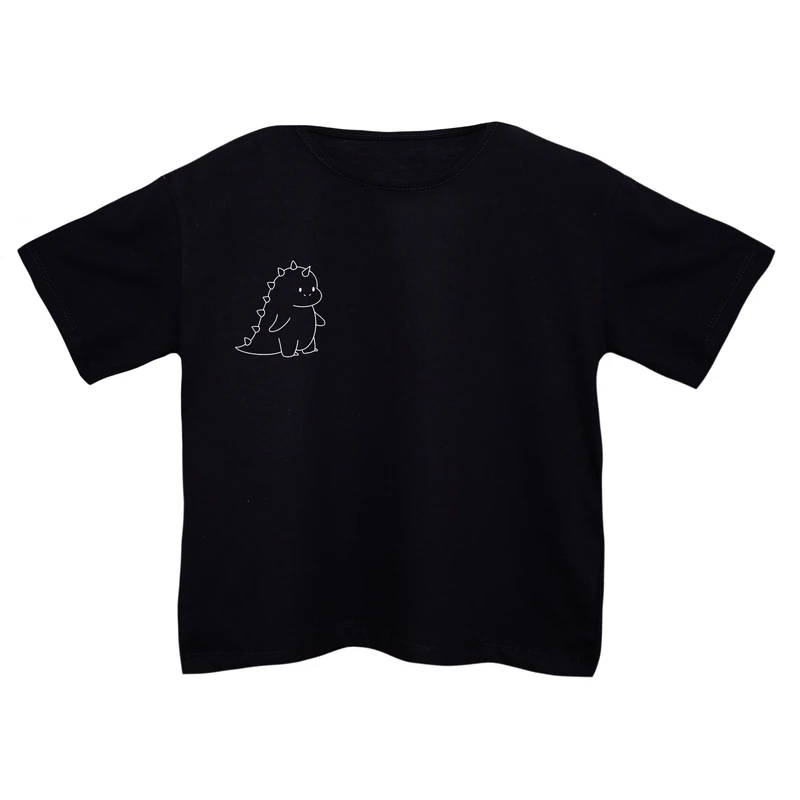 کراپ‌تی شرت آستین کوتاه زنانه مدل دایناسور مینیمال رنگ مشکی