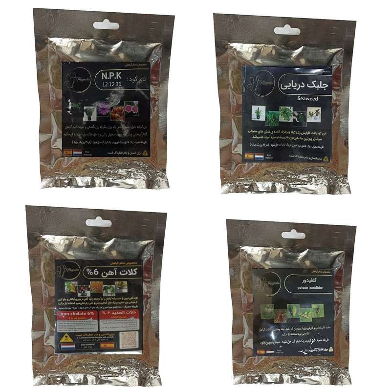 کود گلدهی 36-12-12 و جلبک دریایی و کلات آهن و کنفیدور مدل raw material وزن 200 گرم