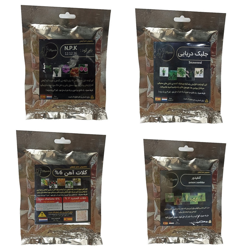 کود گلدهی 36-12-12 و جلبک دریایی و کلات آهن و کنفیدور مدل raw material وزن 200 گرم
