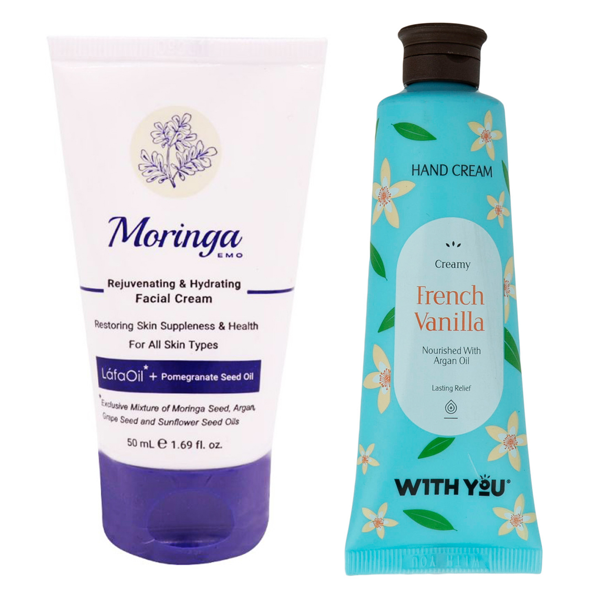 کرم آبرسان مورینگا امو مدل Rejuvenating حجم 50 میلی لیتر به همراه کرم مرطوب کننده ویت یو مدل French Vanilla حجم 50 میلی لیتر