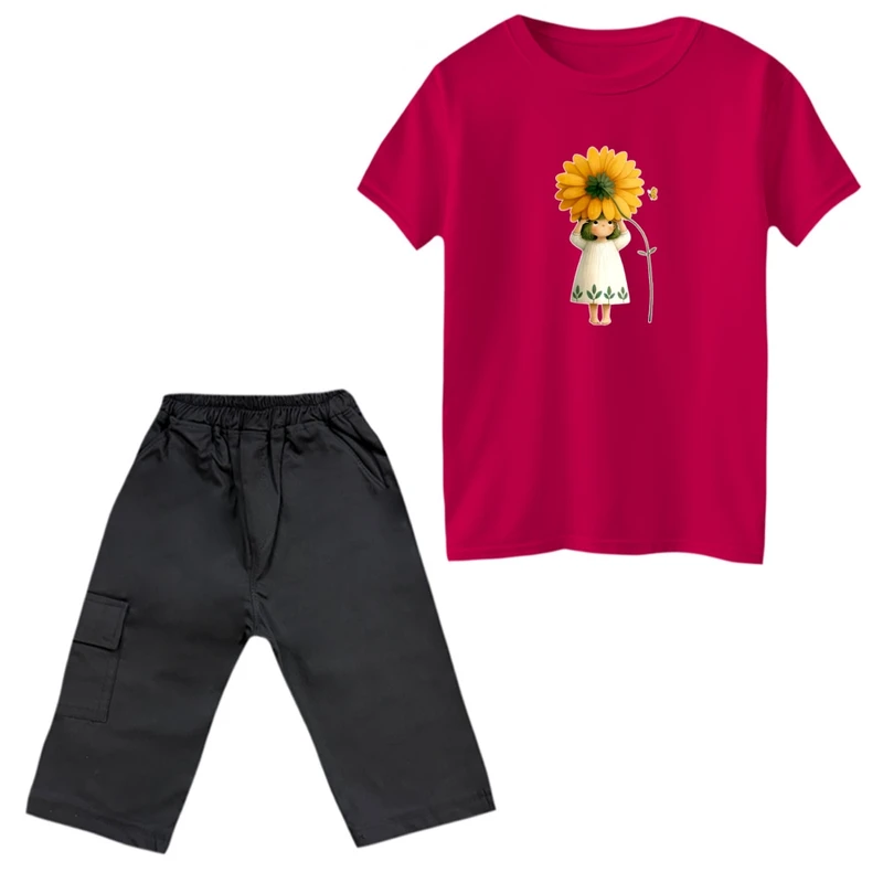 ست تی‌شرت و شلوارک دخترانه مدل دخترک و گل