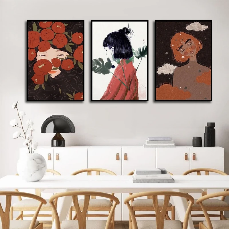 تابلو ساده بکلیت طرح نقاشی فانتزی دخترانه مدل شاین اکلیلی B-2645 فریم مشکی مجموعه 3 عددی