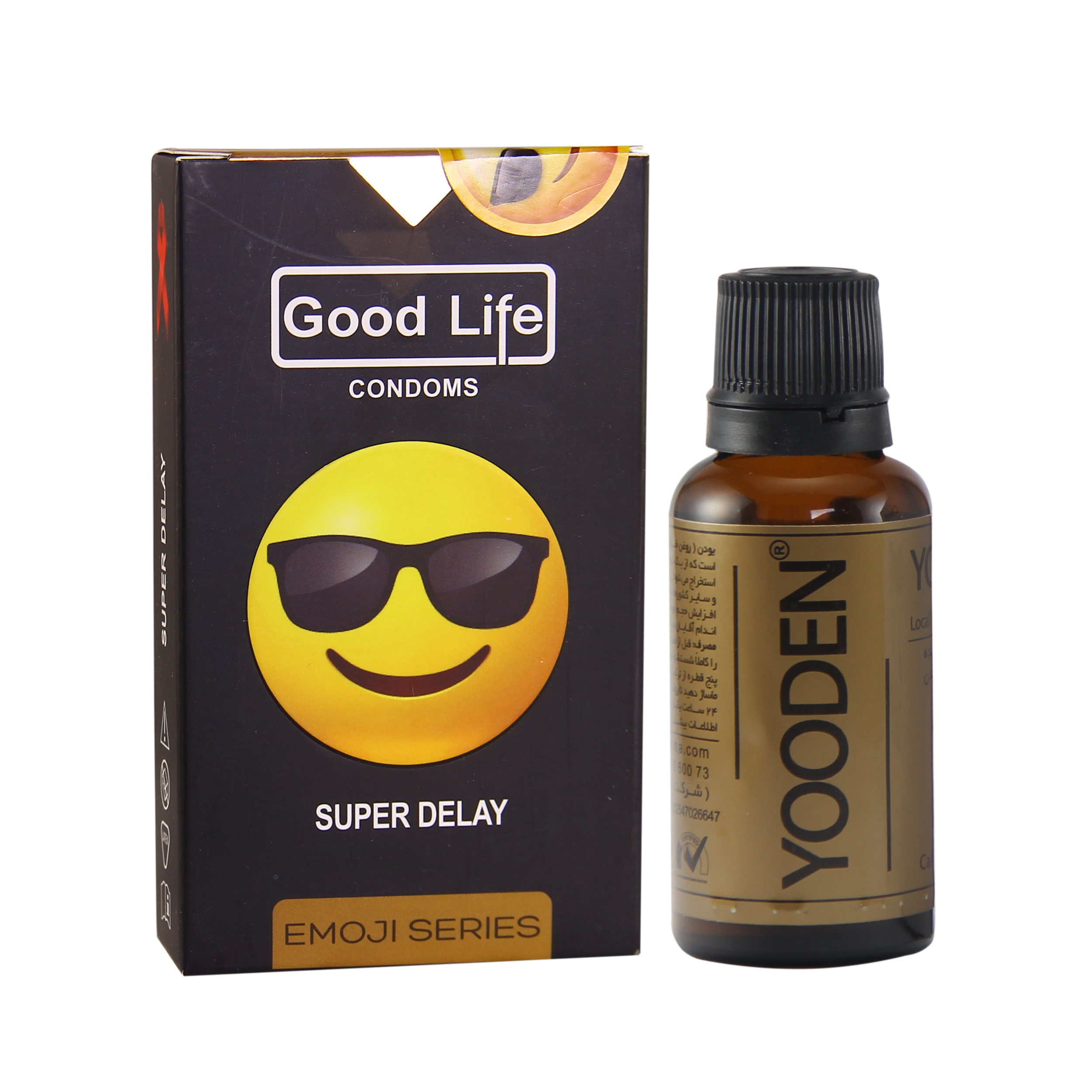 کاندوم گودلایف سری ایموجی مدل Super Delay بسته 6 عددی به همراه روغن یودن حجم 30 میلی لیتر 
