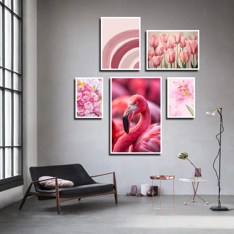 تابلو بکلیت طرح فلامینگو و گل مدل W-3817 فریم سفید مجموعه 5 عددی