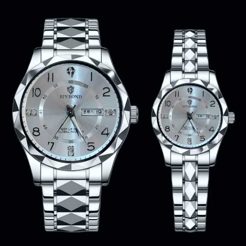 ست ساعت مچی عقربه‌ای کوارتز زنانه و مردانه بین باند مدل الماسی دو تقویمه قفل مخفی بند استیل کد 003