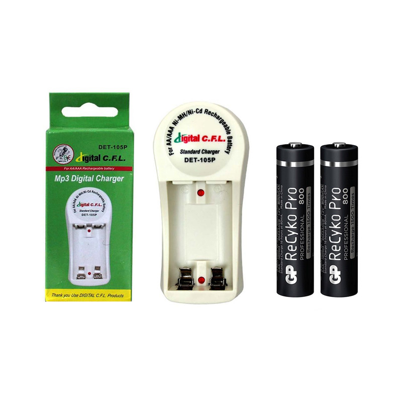 شارژر باتری دیجیتال سی.اف.ال مدل DET-105P به همراه بسته 2 عددی باتری نیم قلمی شارژی GP 800mAh