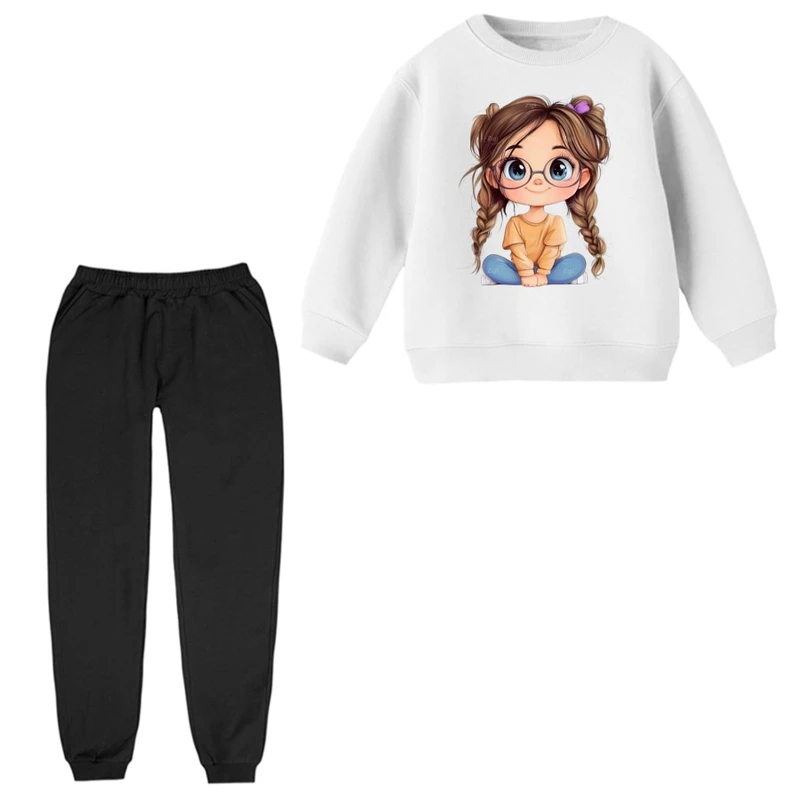 ست سویشرت و شلوار راحتی بچگانه مدل دخترک عینکی  