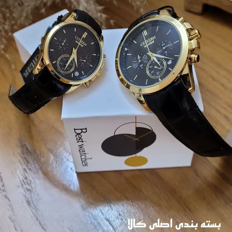 ست ساعت مچی عقربه ای زنانه و مردانه  مدل سه موتور فعال کورنوگراف قفل پروانه ای بند چرمی TmM