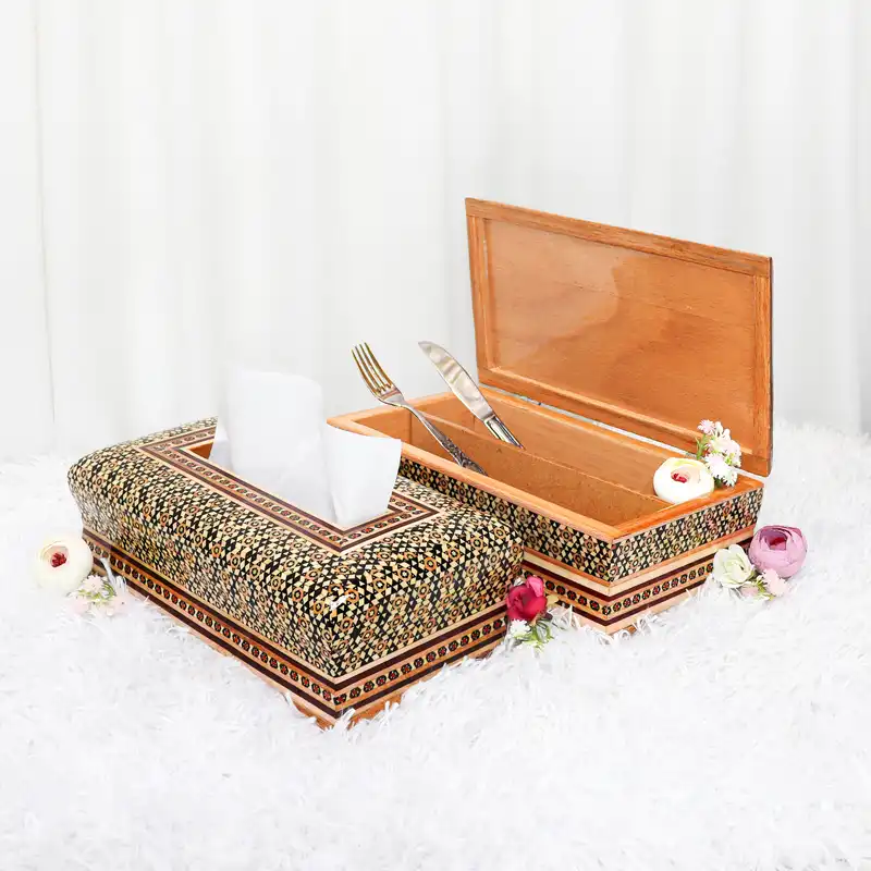 ست جعبه دستمال کاغذی و جعبه کارد و چنگال خاتم کاری مدل چوبین کد LQ6wire