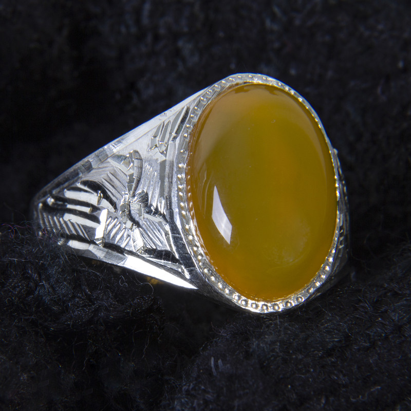 انگشتر نقره مردانه بازرگانی میلادی مدل سنگ عقیق زرد رکاب سیلندری کد AM_080