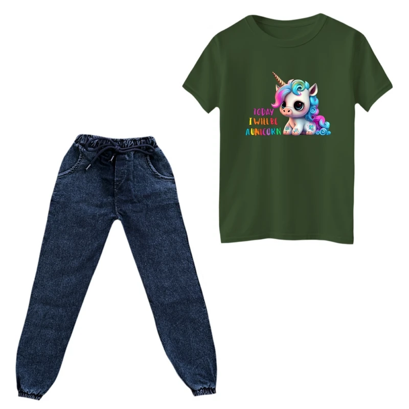 ست تی‌شرت و شلوار دخترانه مدل یونیکورن کد ۴۲