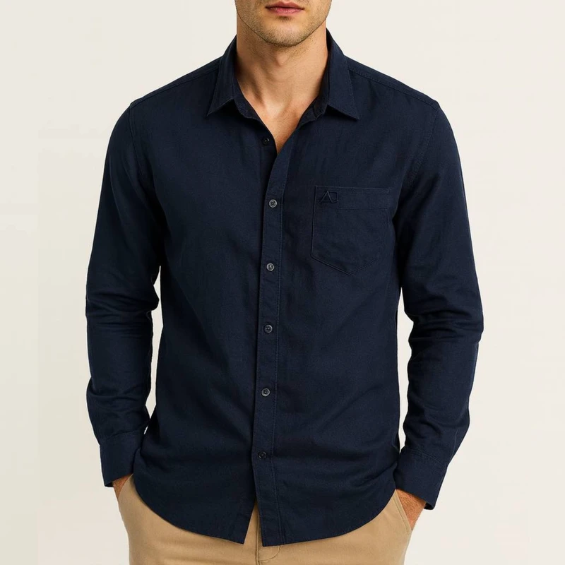 پیراهن آستین بلند یقه برگردان مردانه مدل کتان تک جیب