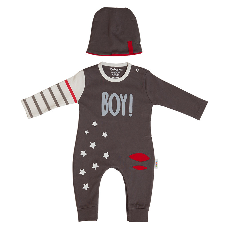     ست سرهمی و کلاه نوزادی پسرانه بی بی ناز طرح BOY مدل 1002