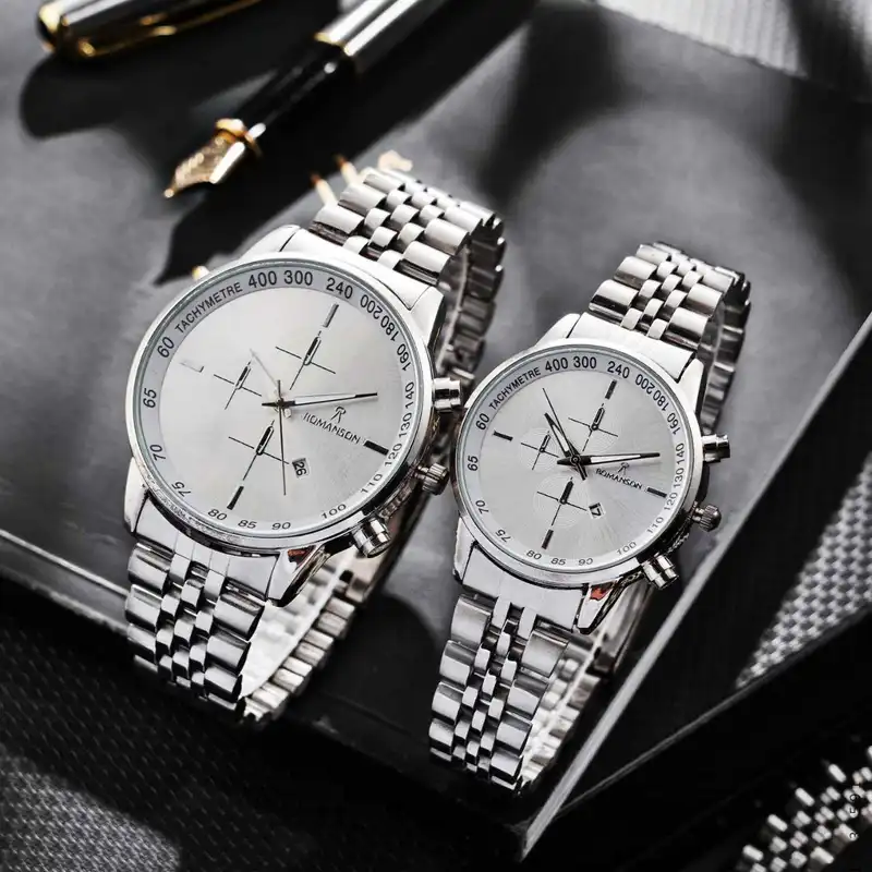 ست ساعت مچی عقربه ای زنانه و مردانه مدل استیل