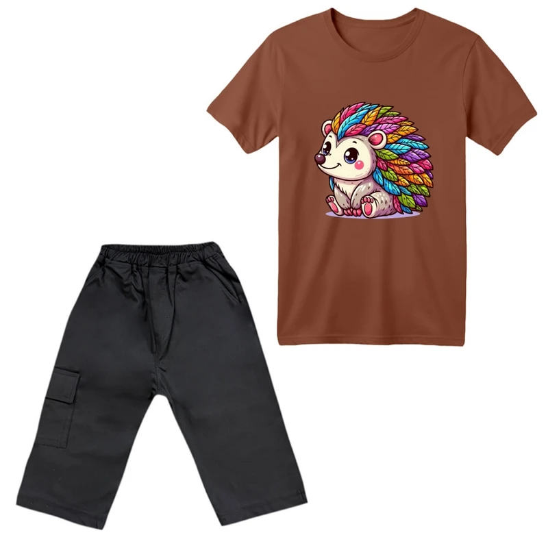 ست تی‌شرت آستین کوتاه و شلوارک پسرانه مدل خارپشت رنگی کد 01