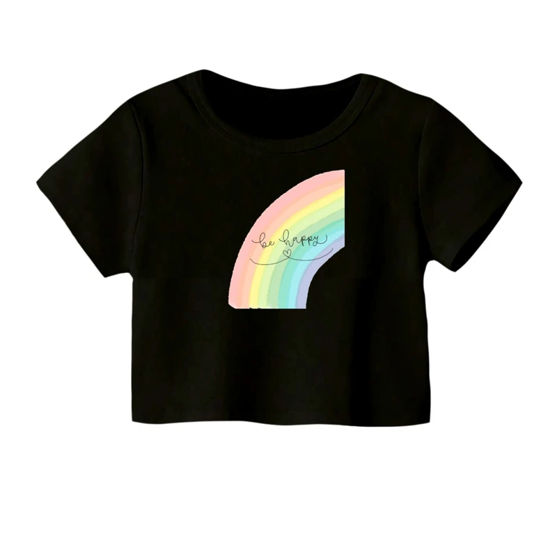 کراپ‌ تی‌شرت آستین کوتاه زنانه مدل شاد باش