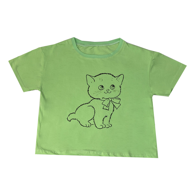 کراپ تاپ آستین کوتاه زنانه مدل گربه رنگ سبز